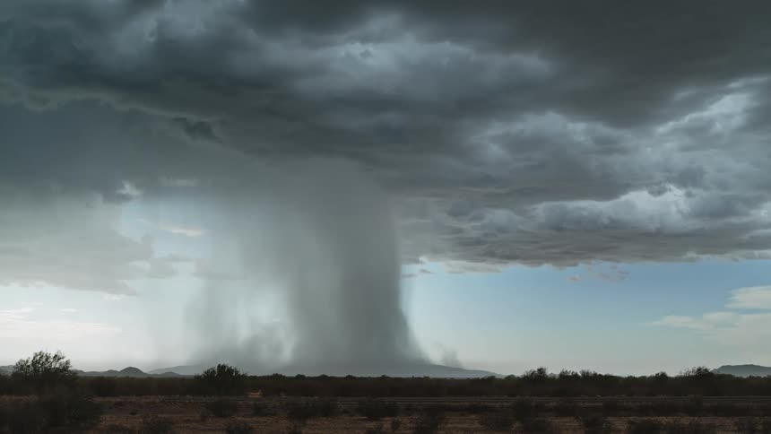 Natural landscape with thunder in a cloudy sky and rain falling in a storm in the background