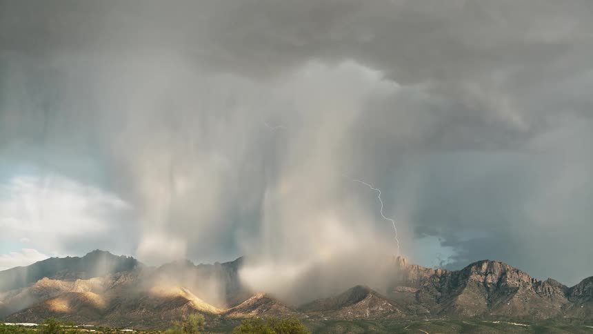Landscape of mountains on the horizon in a sky with thunder