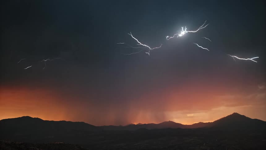 Multiple lightning strikes illuminate the sky inside dark storm clouds over the mountains