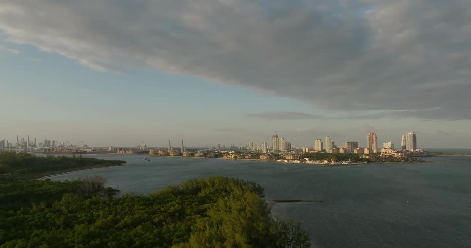 Aerial scene of a metropolis on the horizon surrounded by the sea