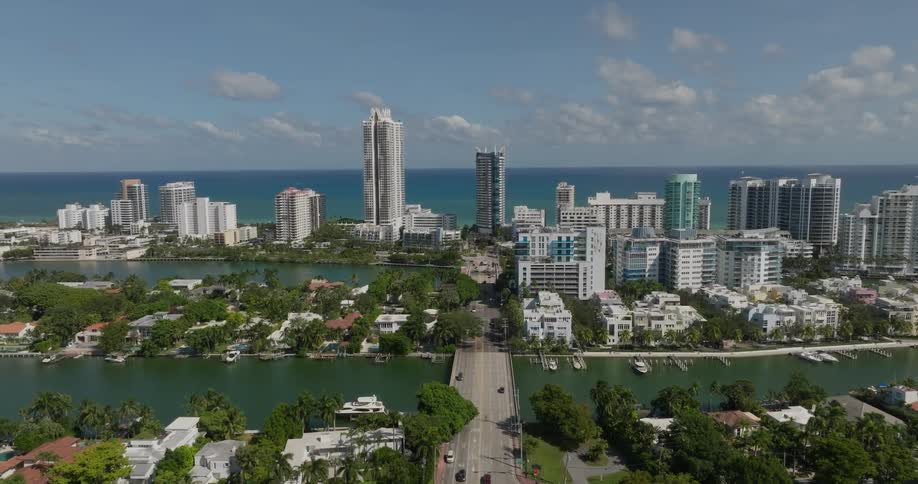 Aerial view of the miami city skyline with high rise buildings