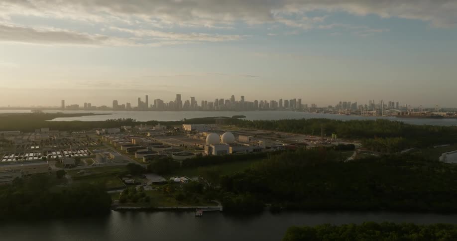 Aerial footage of the miami city skyline and surrounding area