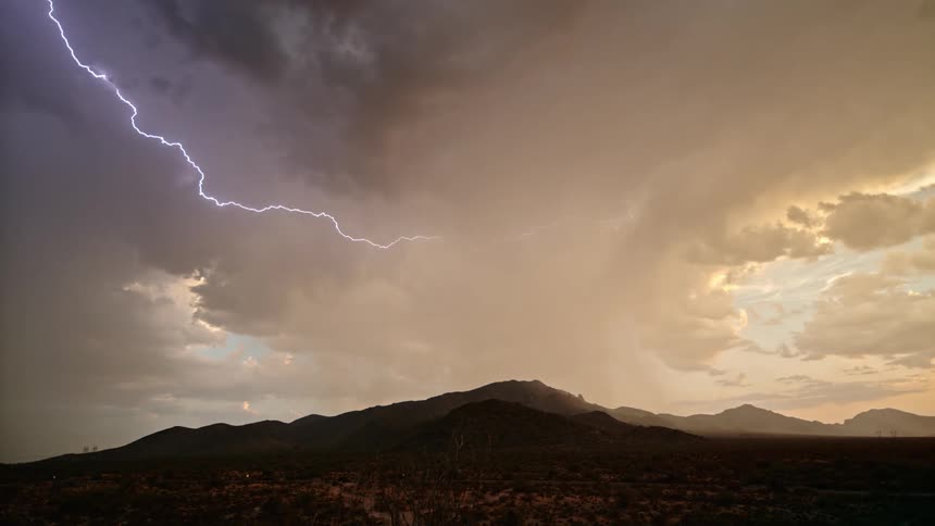Silhouette of mountains and lightning in a stormy sky