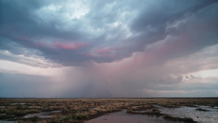 Lightning and rain pour on the swamp land