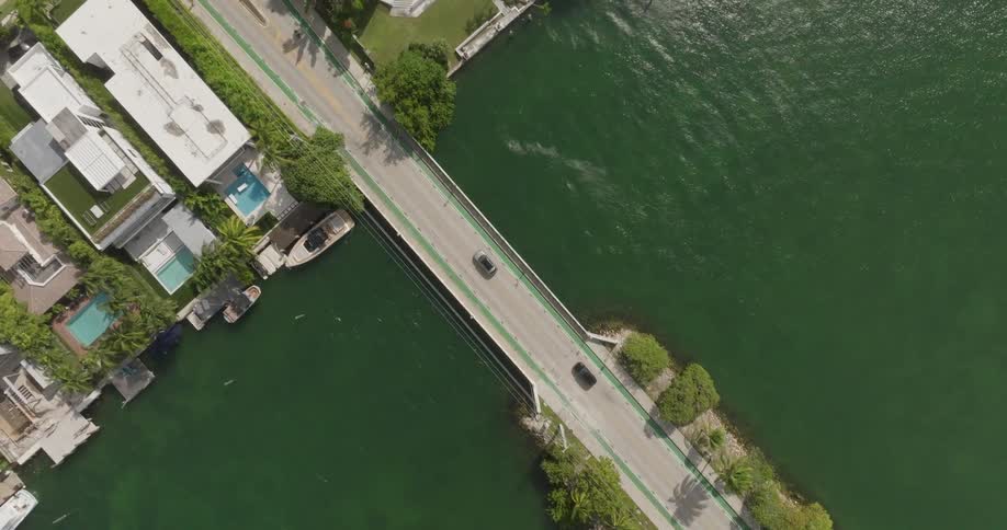 Aerial view of a road that crosses the green sea and gives access to highend urban homes