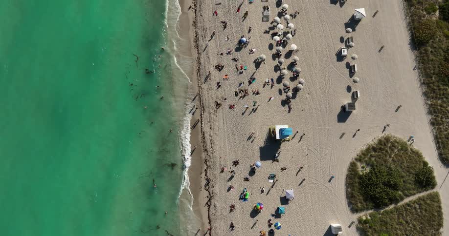 Aerial of vacationers relaxing on an ocean coastline