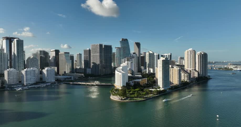 Aerial panorama of buildings and skyscrapers by the sea