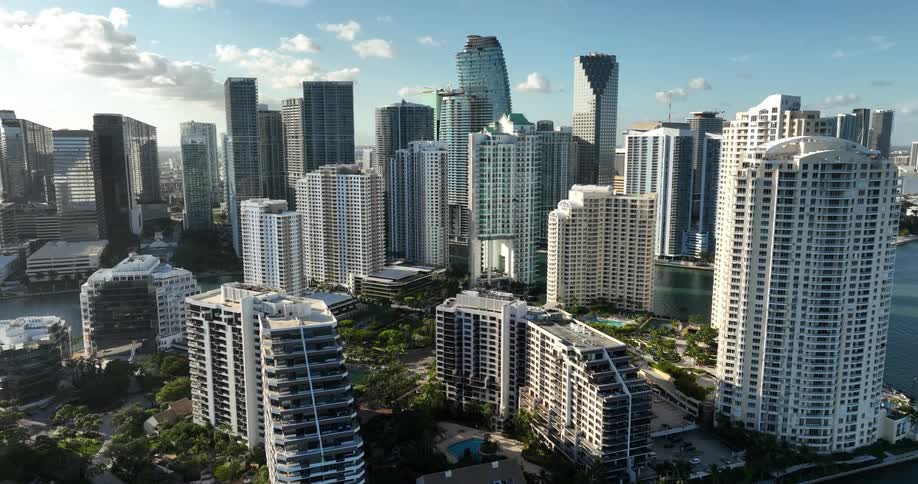 Aerial panorama of a metropolis with modern buildings and skyscrapers by the sea
