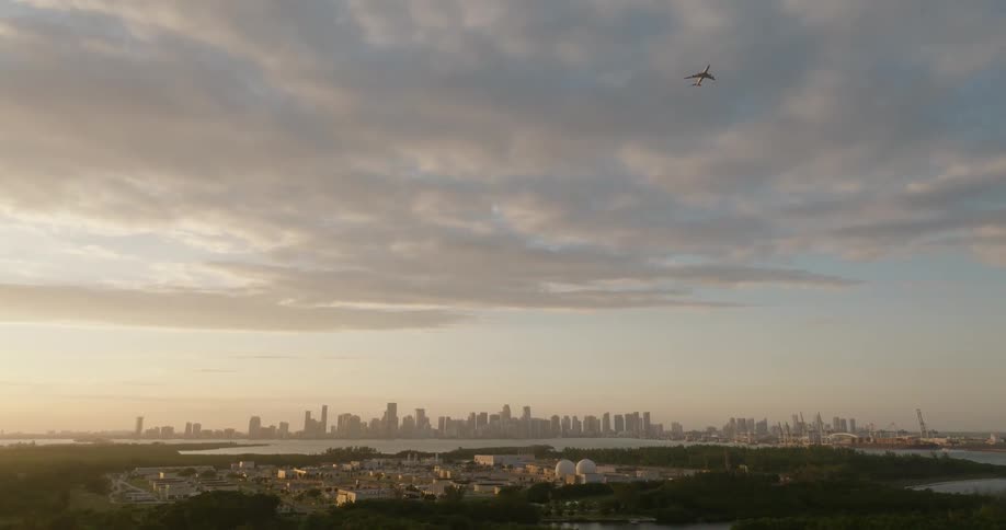 An aerial view of a city skyline at sunset with a plane flying overhead and greenery in the foreground