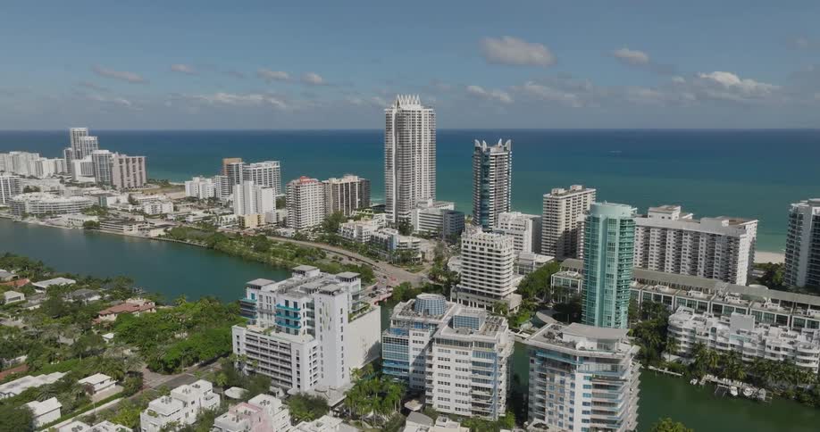 Aerial scene of seaside apartments and resorts