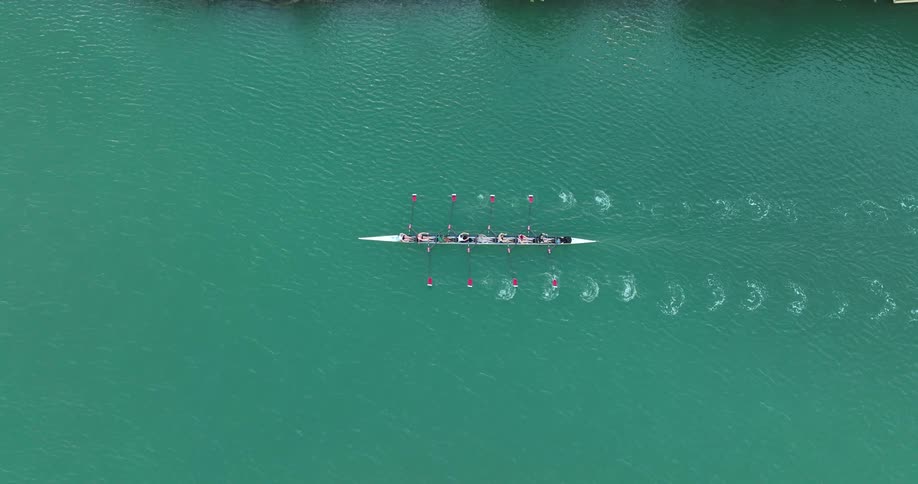 Aerial view of a group of people canoeing in formation in the greenish water