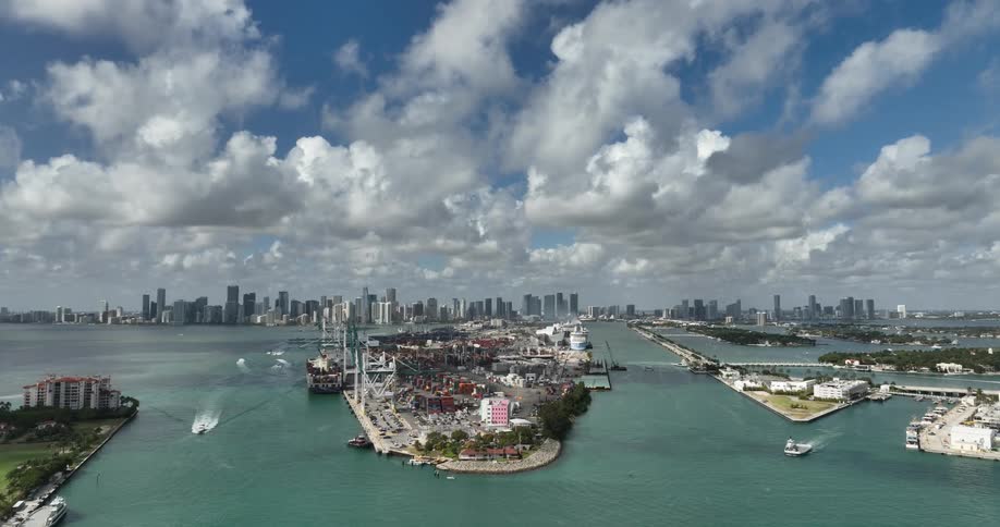 Aerial panorama of an urban and port city by the sea