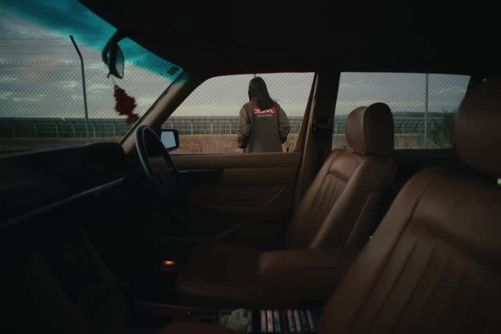 Woman gets out of car to stand near fenced field and look around