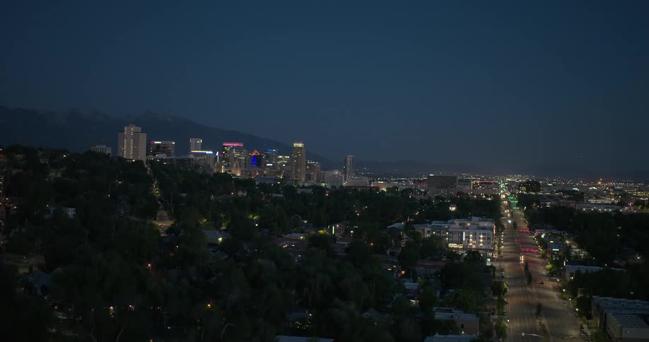 Aerial panorama of an area with vegetation and a city illuminated at night