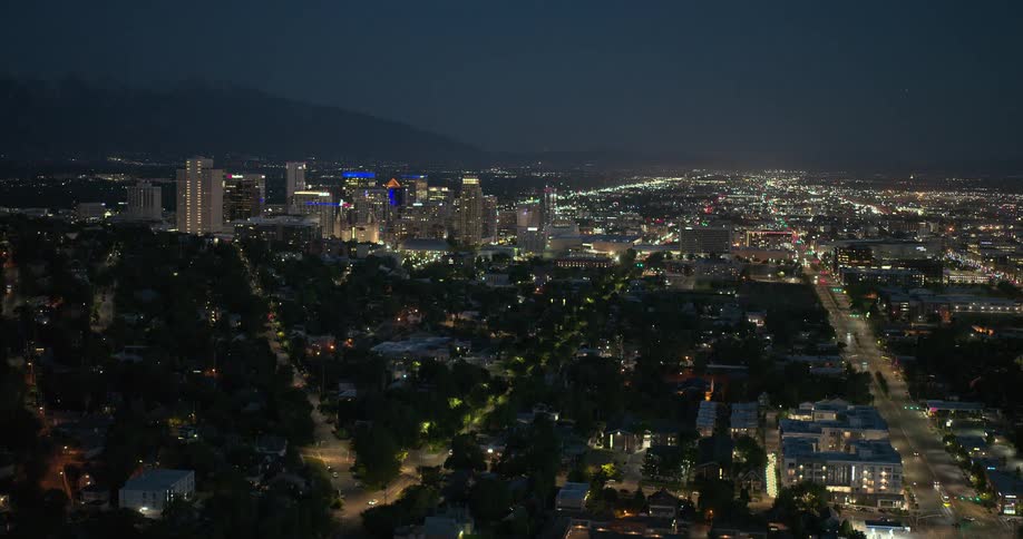 A large citys skyline at night