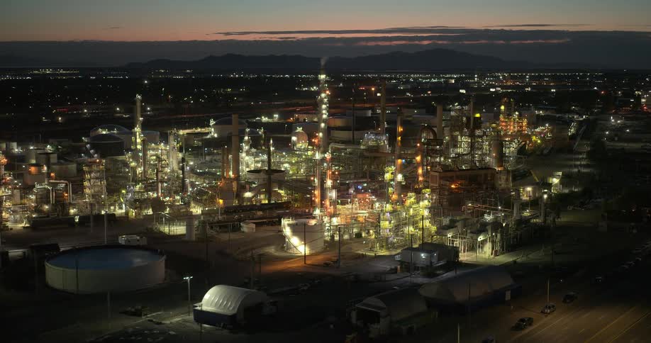 Oil refinery illuminated at night