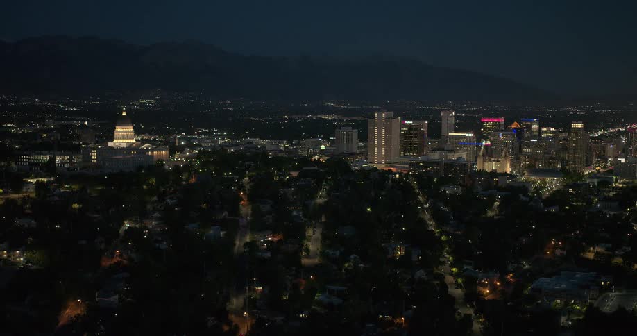 A city downtown area lit up at night