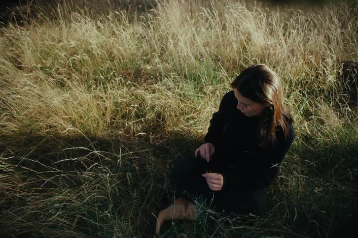 A woman in a field sitting on and playing with tall grass
