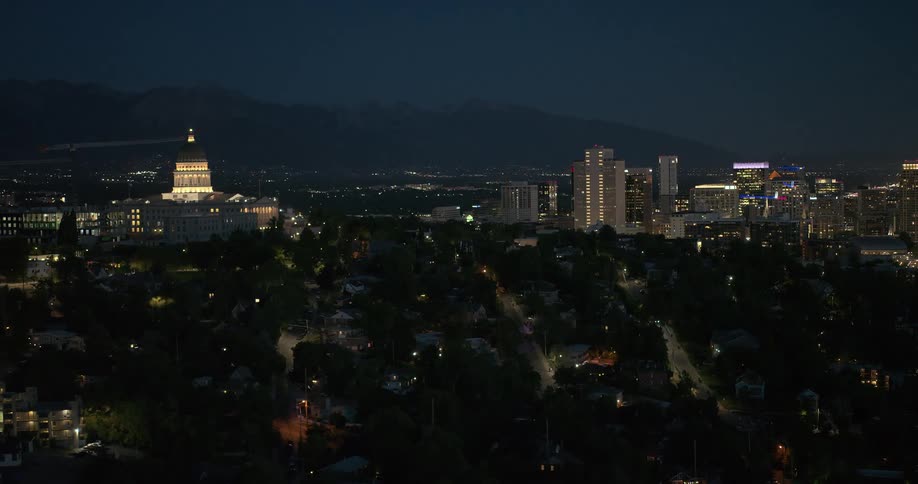 A citys skyline at night