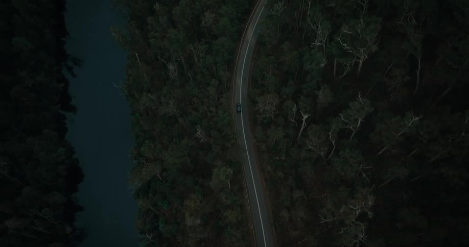 An aerial view of a vehicle driving on a winding road cutting through a dense forest near a river
