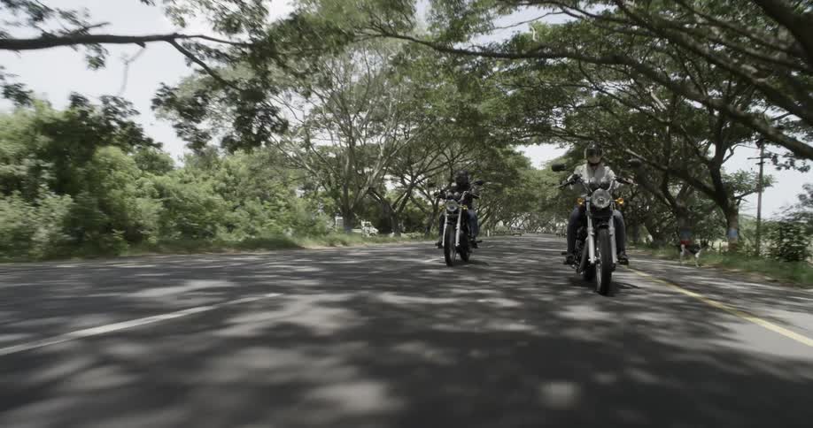 Motorcyclists riding on a road lined with trees