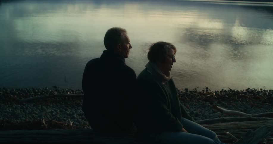 A couple sit on a log by the edge of a body of water during twilight or early evening