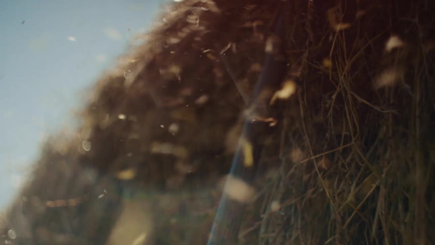 Close up of a bale of hay falling down blown by the wind