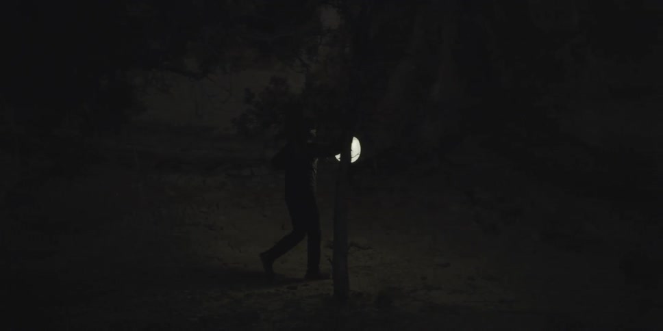 A person walks and carries a glowing orb at night