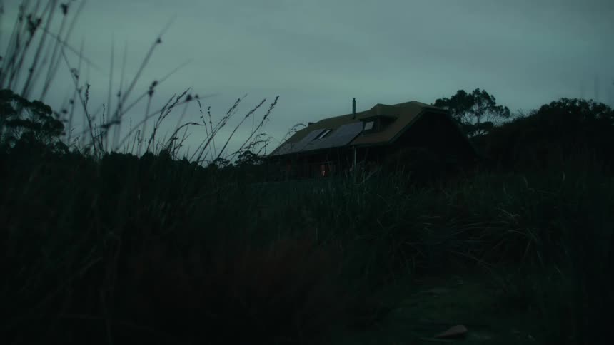 A dimly lit scene of a solitary house at twilight surrounded by wild grass in the countryside