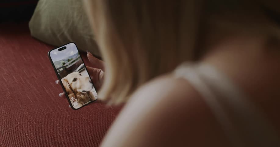 A woman holds a smartphone as she is on a video call with a golden retriever on the screen