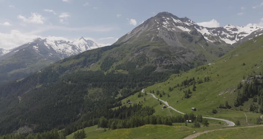 Panorama of mountain ranges with snowcapped peaks