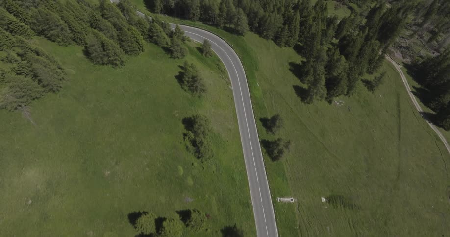 An aerial view of an asphalt road with a car passing by and around there is green grass and some pine trees