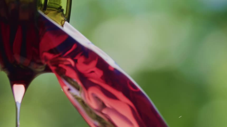 A closeup of a vibrant red wine with a blurred green background