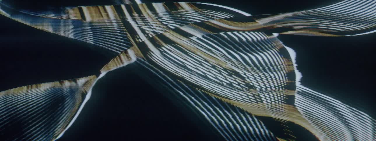 Lines of screensaver flow across a black background forming patterns and shapes in brown and white