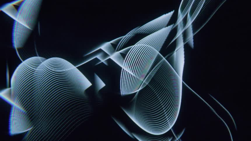 A digital abstract pattern of white lines on a black background creating a dynamic flowing design