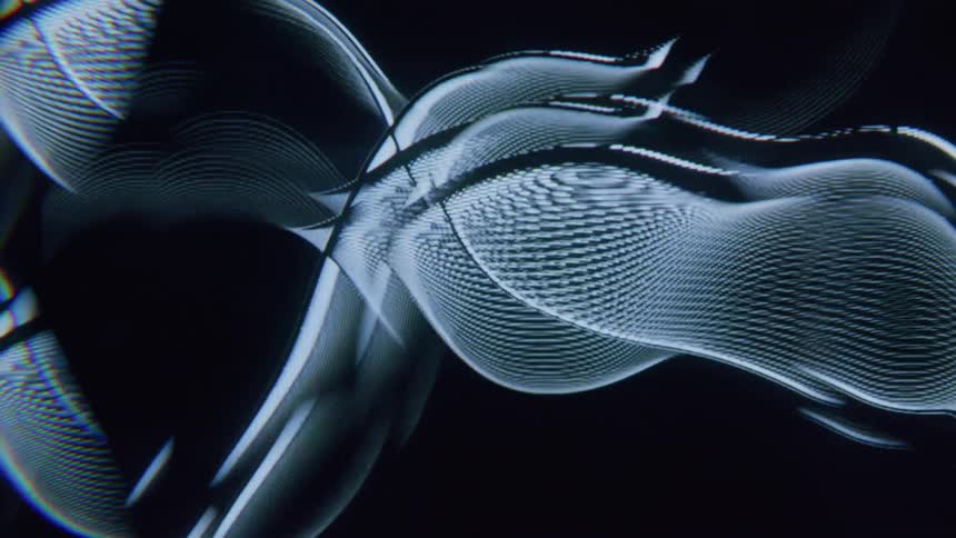 Abstract pattern of curved and wavy lines in motion against a black background