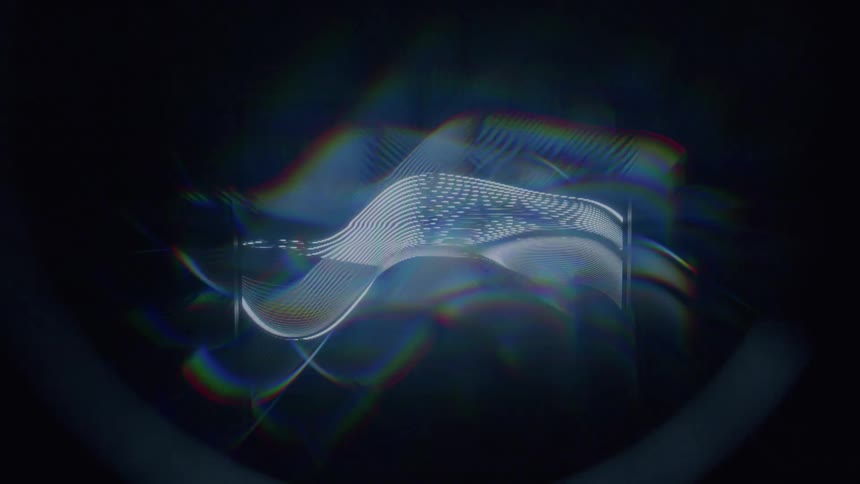Abstract projection of wavy and blue lines on a dynamic and fluid dark background