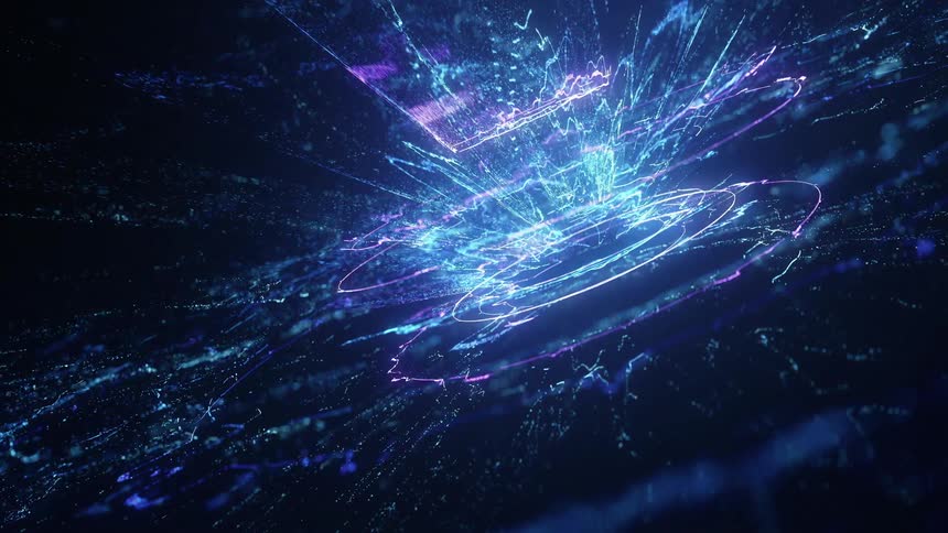 Light streams and particles expanding on a black background