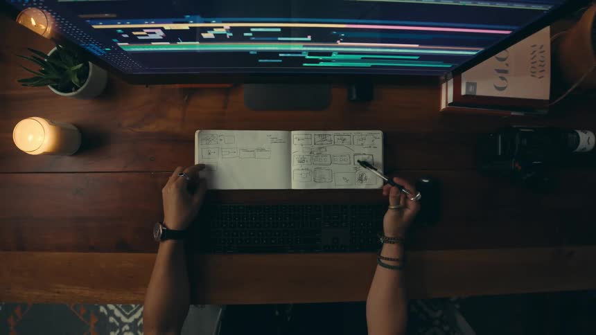 A woman taps a pen on instructions sitting in front of a monitor