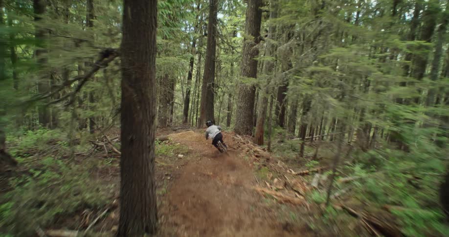 A person downhill mountain biking through a forest on a high-speed trail over jumps and through corners
