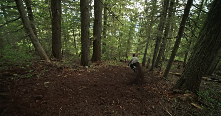 Person jumping their mountain bike and continuing down a fresh forest trail