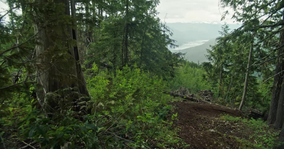 A mountain biker rides a high speed corner on a trail with a mountain valley seen in the distance
