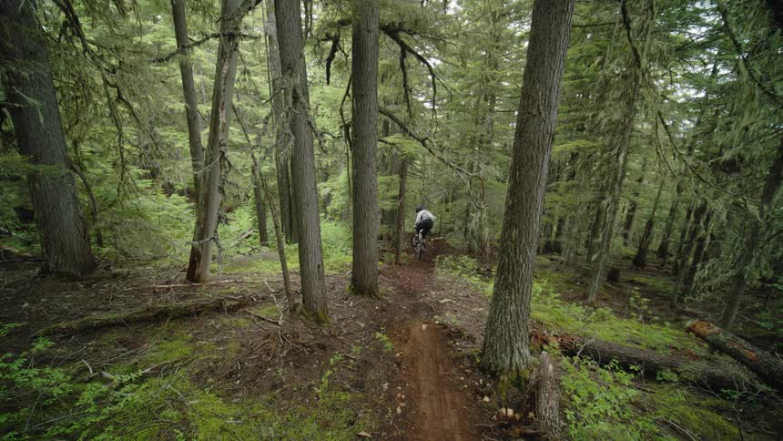 Mountain biker jumping across a gap on their trail in the woods