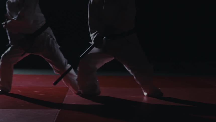 Two martial artists sparring on a mat with a dim light shining on them