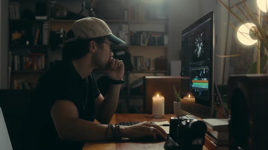 A man is using his computer at his desk