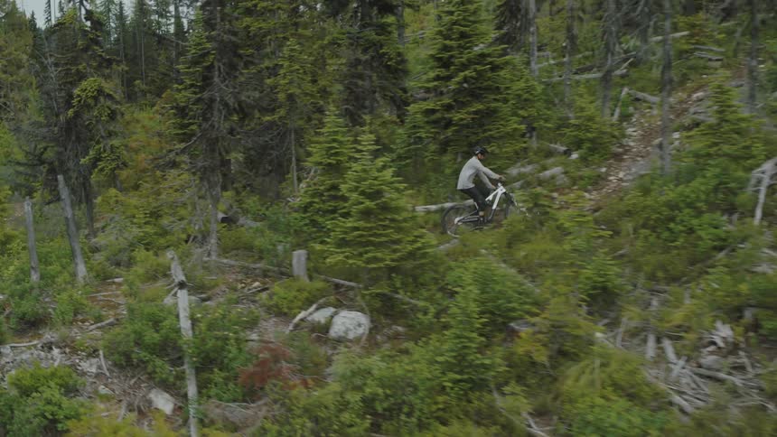 Man on a mountain bike climbing an alpine section of trail