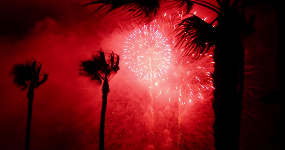 A view of fireworks exploding outdoors at night