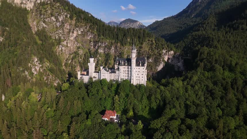 Castle in a mountainous valley with greenish conifers around