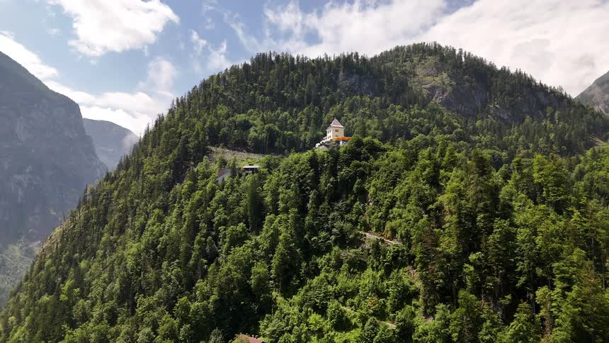 A lush green forest on a mountain slope with a small building on it