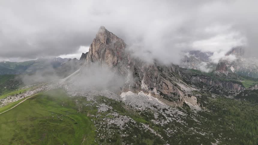 Foggy aerial view of a mountain valley